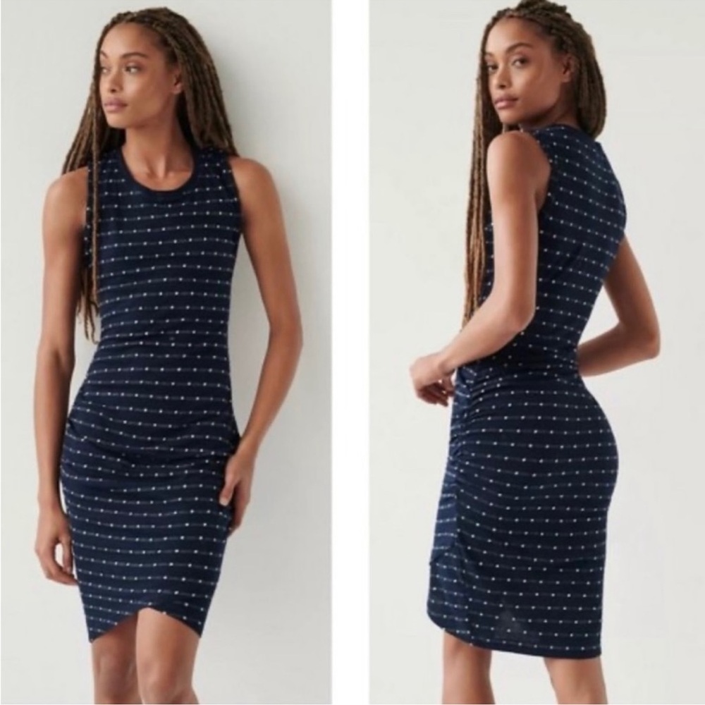 Anthropologie Saturday Sunday Ruched Bodycon Navy Blue White Polka Dot Dress Med